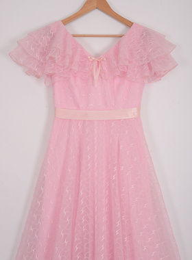 Jcpenney制奶粉色荷叶边层次翻领 水波纹刺绣浪漫蕾丝大裙摆礼服