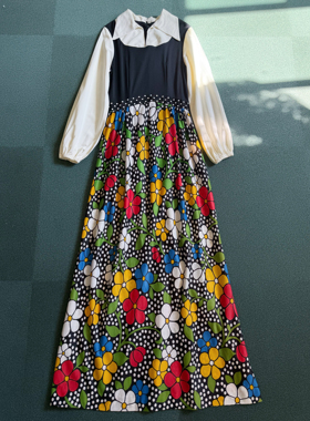 70s经典花卉/ 轻盈感高腰复古尖领黑白色拼接花草图腾长裙