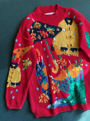 Handknit棉麻材质手工编织套头 背后打伞的鸭鸭超可爱的