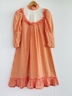 橘色格纹娃娃裙 橘子果酱 少女花边餐盘领 1970s宫廷袖 USA from