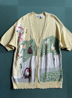 鹅黄色Handknit短袖款刺绣童趣图案外套 棉麻材质 开衫