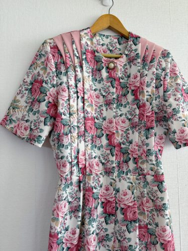 1980s 浪漫玫瑰印花连衣裙｜ 拼色风琴褶肩饰