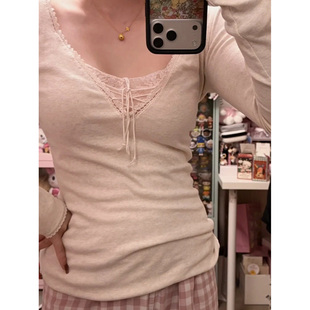 显瘦小众绝美上衣 修身 纯欲bm风辣妹蕾丝花边v领长袖 t恤女秋冬新款