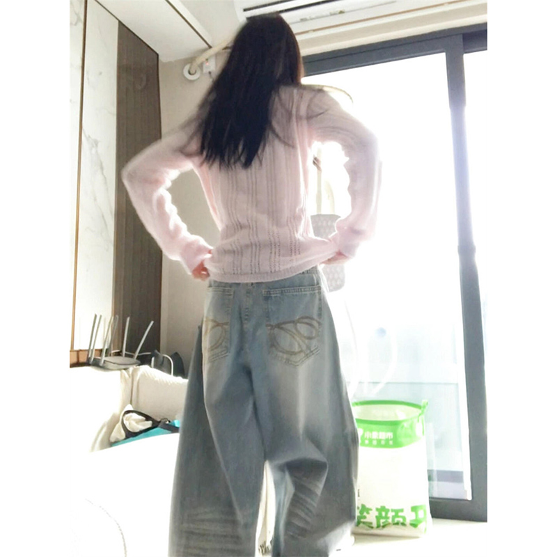 美式vibe高街折痕做旧阔腿牛仔裤