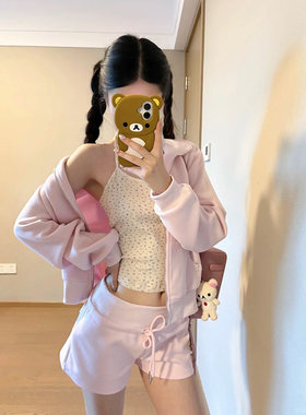韩系穿搭粉色运动休闲短裤女秋季