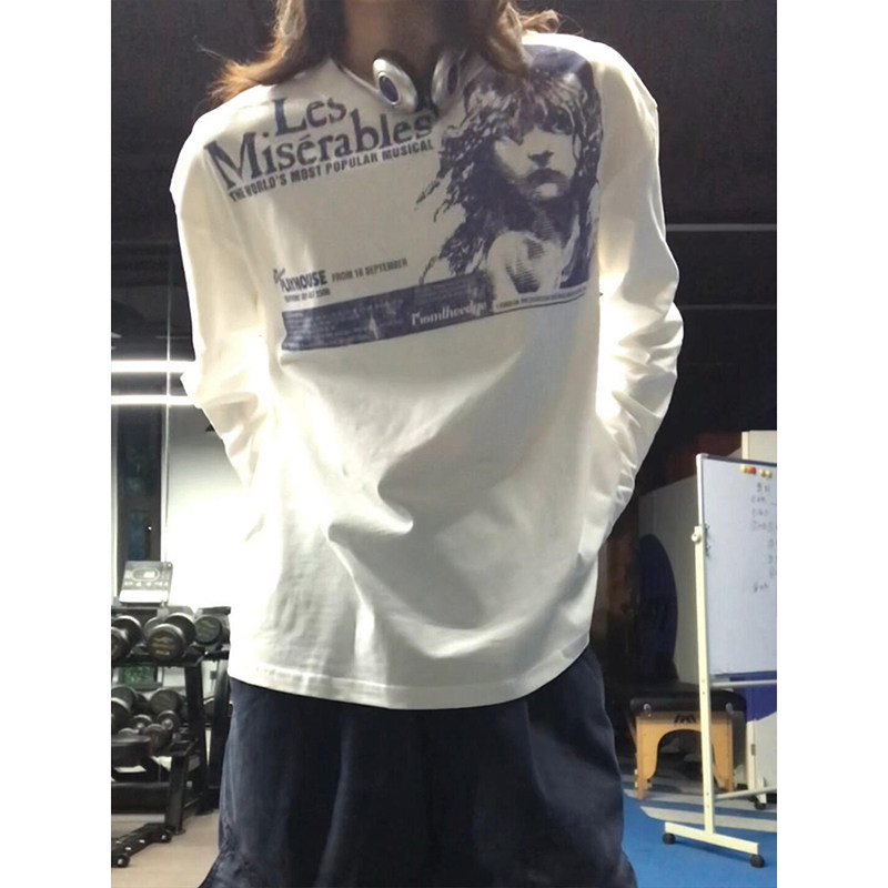 白色纯棉人像印花长袖t恤女2025新款秋季宽松慵懒百搭设计感上衣