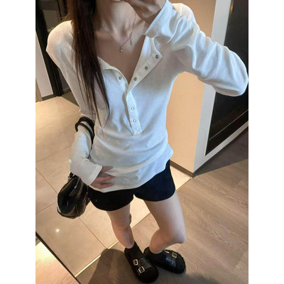 韩系绝美白色亨利领长袖t恤女2026新款修身显瘦辣妹超好看上衣服