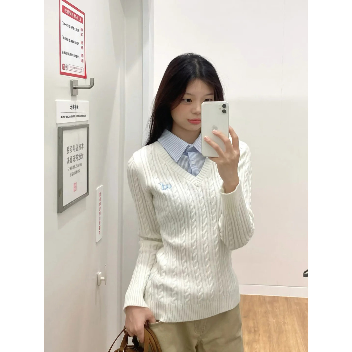 小个子条纹polo领假两件麻花针织