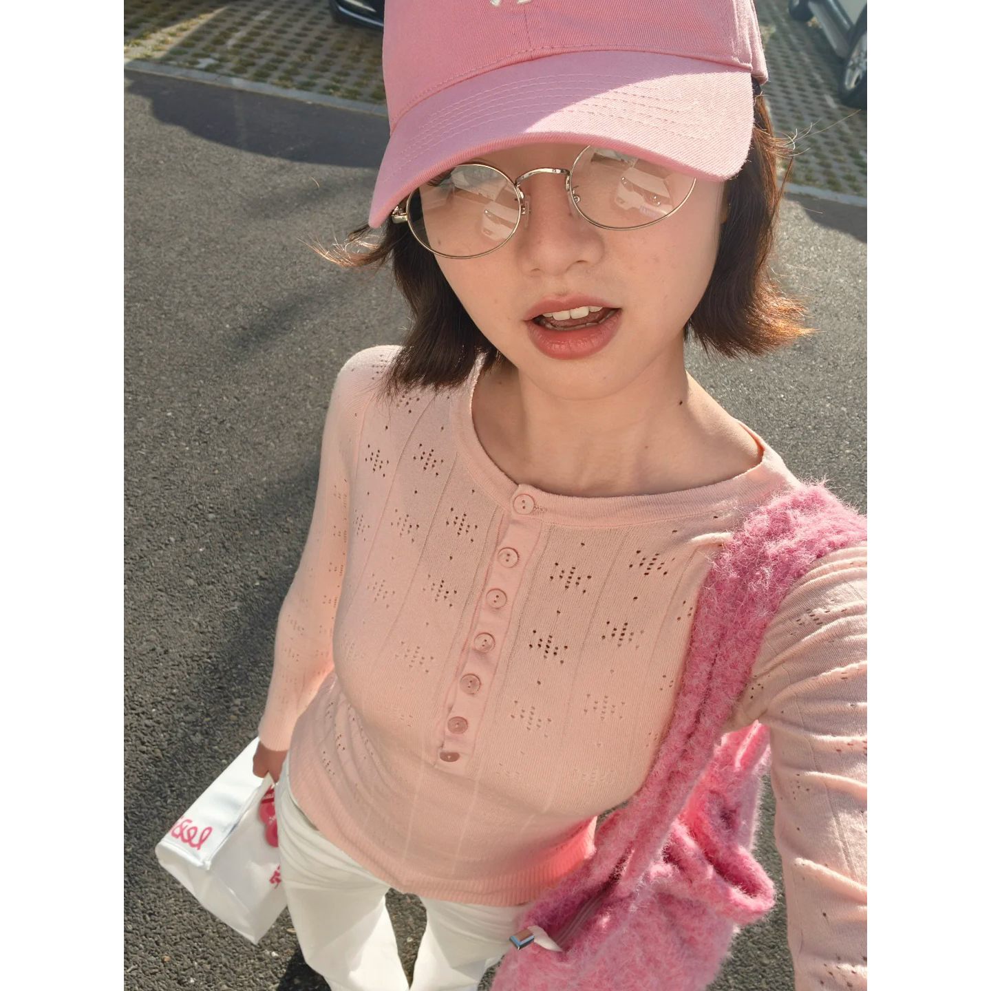 美式甜辣妹镂空亨利领长袖针织衫