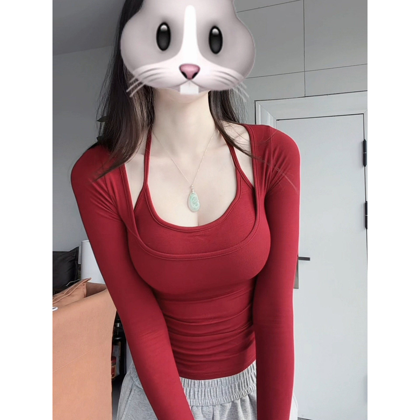 韩系纯欲辣妹挂脖假两件红色长袖t恤女秋冬带胸垫修身绝美上衣服,女装/女士精品,T恤,淘宝优惠券,粉丝福利购,淘宝优惠卷