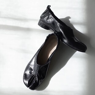 牛皮版~韩版小众浅口粗跟猪蹄鞋分趾鞋单鞋女2026春季时尚小皮鞋