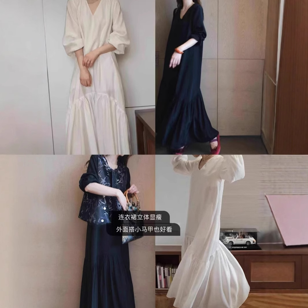 日本黑白月光 2025春夏新品 设计师小众 两色气质V领双层连衣裙女
