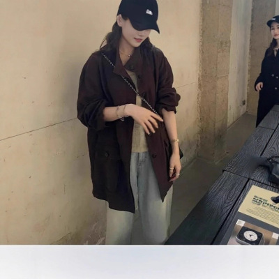 曼蒂2025秋新款新品韩版咖全亚麻风衣外套复古立领中长款开衫女