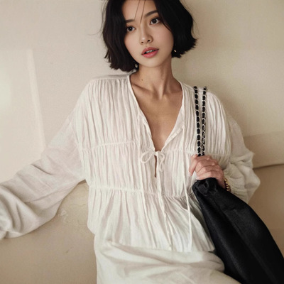 曼蒂家日系淑女风法式水洗亚麻抽褶系带女2025春夏长袖薄上衣女