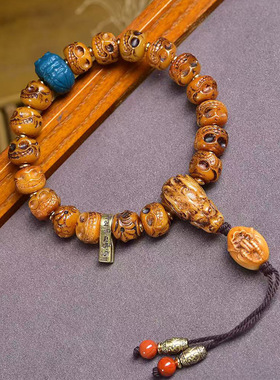 藏传回流牦牛骨雕刻手串单圈藏式文玩佛珠松狮桶珠雪巴配饰