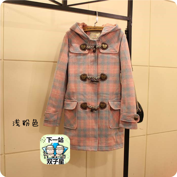 包邮冬装新品 韩版时尚格子牛角扣连帽中长款双层毛呢大衣外套女