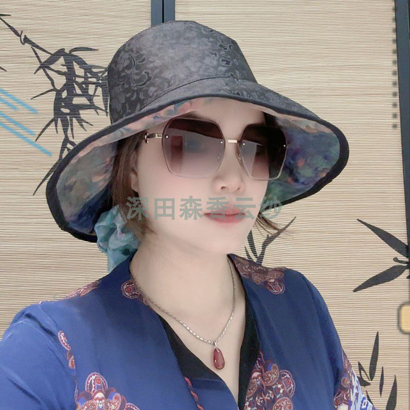 100%桑蚕丝香云纱双面戴渔夫帽大帽檐遮阳防晒防紫外线帽子