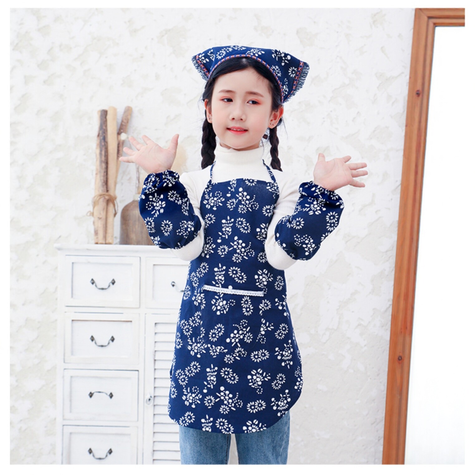 幼儿园劳动课运动会儿童研学采茶围裙蓝印花民族风小厨师舞蹈围兜