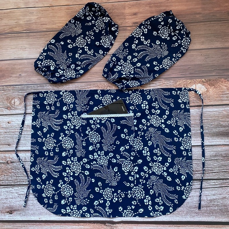 成人民族风采茶围裙纯棉蓝花布半截有口袋围兜农家乐半身围裙套装