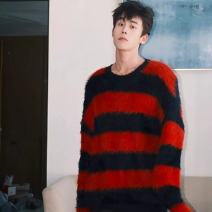 fromwrting 美式复古黑红条纹海马毛毛衣男宽松慵懒风秋季感