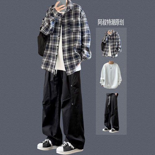 fromwrting 韩版格子衬衫春秋男套装复古初高中生帅气休闲穿搭