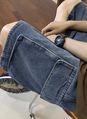 fromwrting 蓝色牛仔短裤男夏季薄款潮牌工装港风宽松大口袋水洗