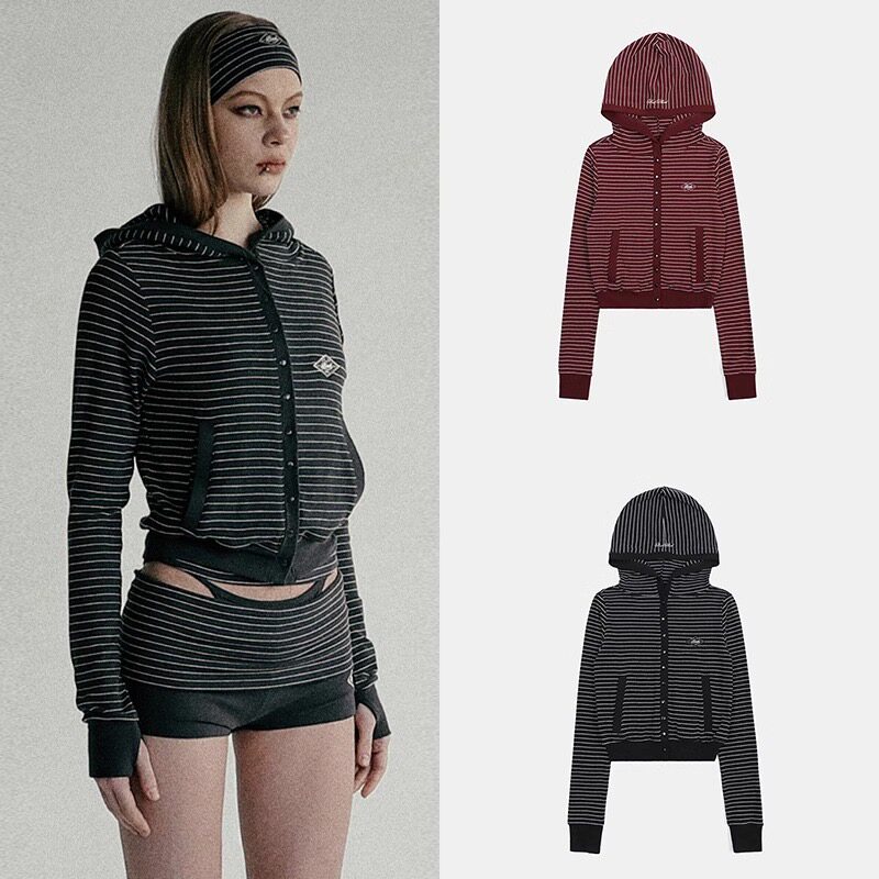 韩系小众badblood新款条纹连帽卫衣女宽松休闲百搭上衣外套运动风