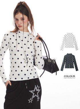 In Gemini Code复古波点ins少女感半高领打底衫女长袖上衣修身t恤