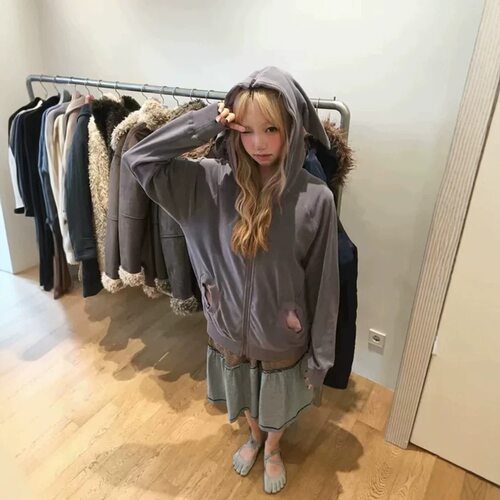 现货兔耳摇粒绒连帽外套女秋韩系轻亚风复古撞色条纹卫衣coyseio