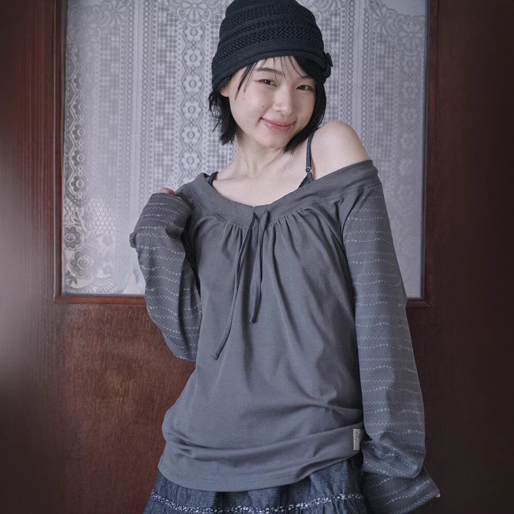 韩系hugyourskin蝴蝶结抽褶系带圆点长袖t恤女春季宽松U领上衣女