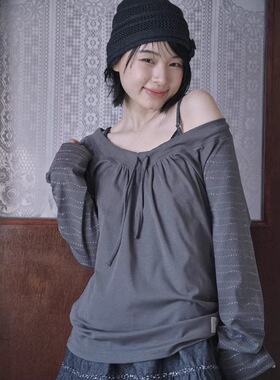 韩系hugyourskin蝴蝶结抽褶系带圆点长袖t恤女春季宽松U领上衣女