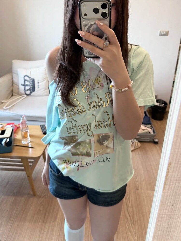 现货 韩系薄荷绿纯棉印花露肩T恤女春夏Y2K复古辣妹风短袖上衣