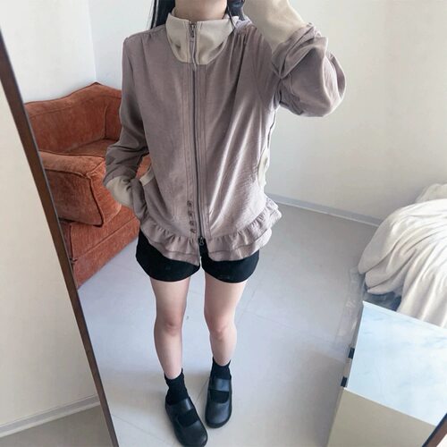 现货韩系撞色拼接立领双层荷叶边夹克女秋双拉链宽松外套coyseio