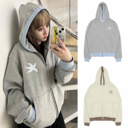 现货TCM韩系小众设计感海星刺绣拼色贴布连帽卫衣拉链外套男女ins