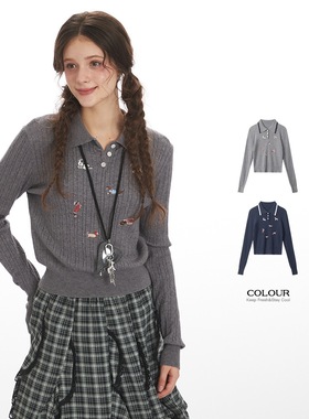 In Gemini Code美式复古小狗刺绣翻领针织衫女宽松休闲高智感上衣