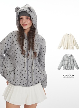 In Gemini Code韩系复古蝴蝶结满印连帽卫衣女宽松慵懒风情侣外套