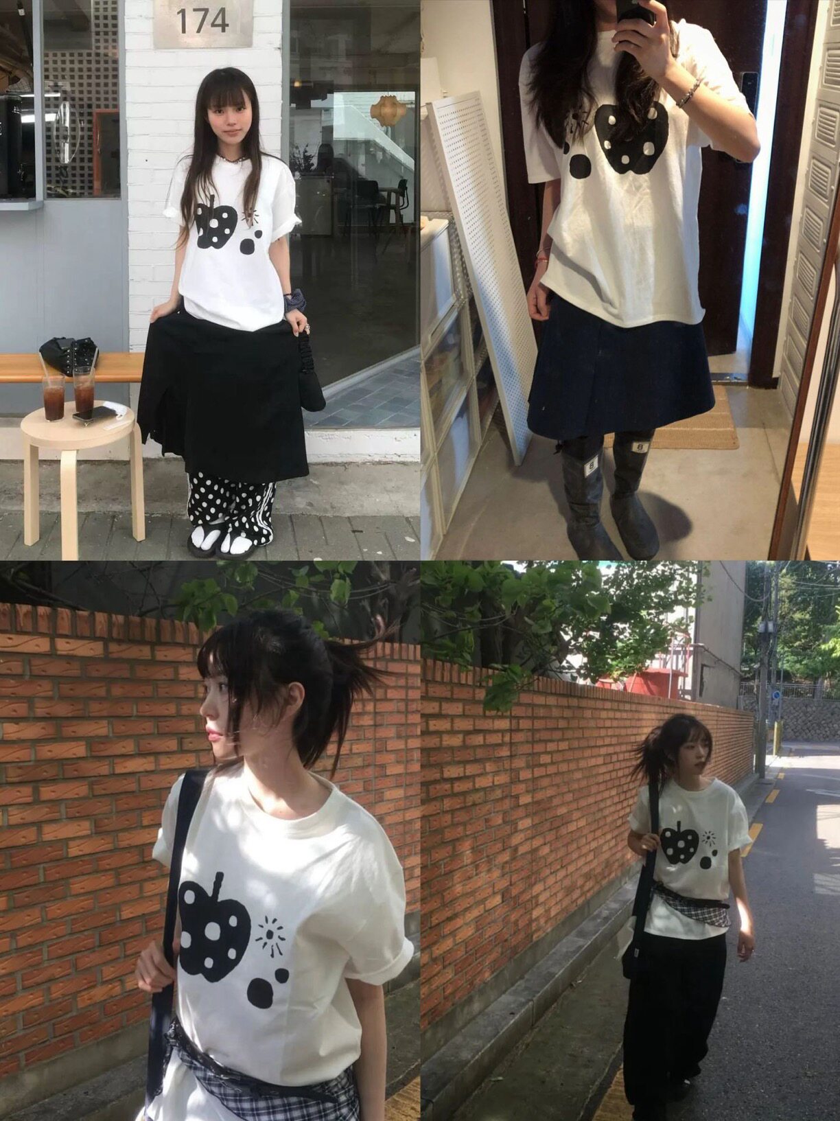 OHESHIO韩系小众黑苹果波点印花宽松版型短袖T恤男女情侣休闲上衣