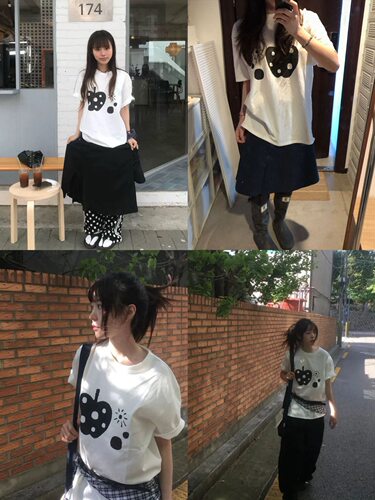 OHESHIO韩系小众黑苹果波点印花宽松版型短袖T恤男女情侣休闲上衣