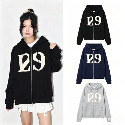 现货韩系外套卢允我同款ILLIGO刺绣连帽卫衣拉链开衫外套上衣男女