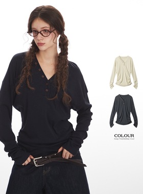 In Gemini Code美式设计感复古V领纽扣长袖T恤男女宽松休闲打底衫