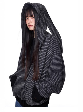 In Gemini Code美式复古条纹连帽兔耳轻亚外套男女宽松休闲上衣潮