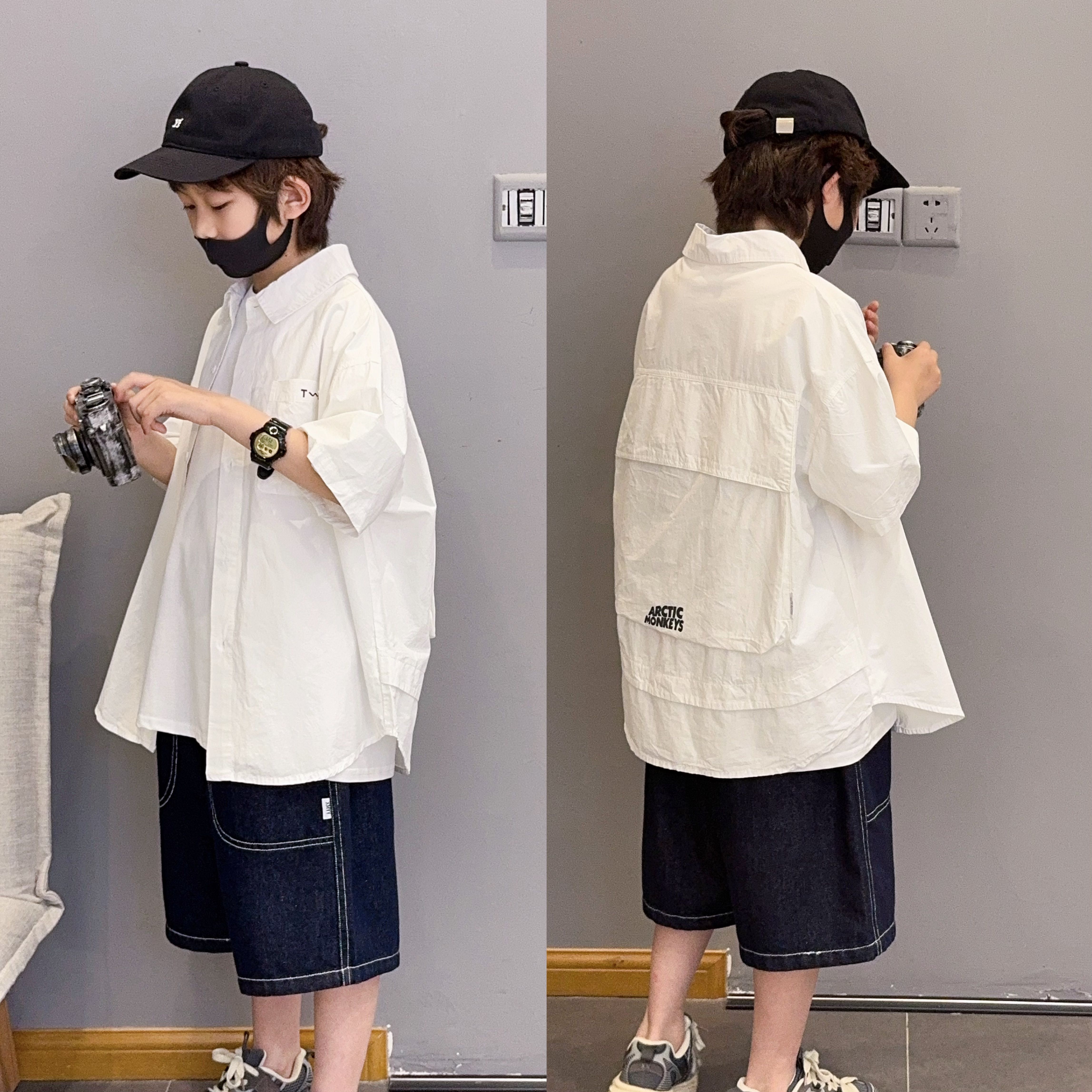 小殷同学男童夏季短袖衬衫休闲薄款2025韩版洋气白色儿童衬衫外套