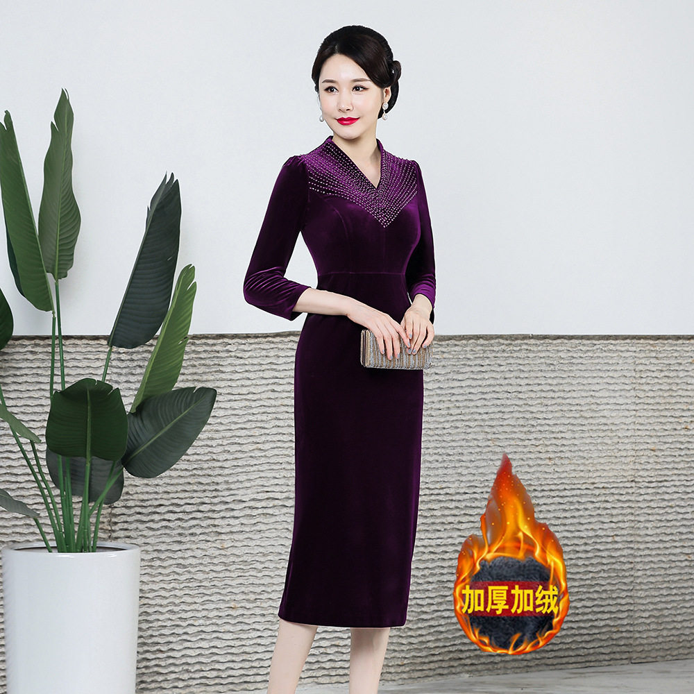 品牌加厚旗袍中年女装新款秋冬高端丝绒过年礼服婆婆妈妈装连衣裙