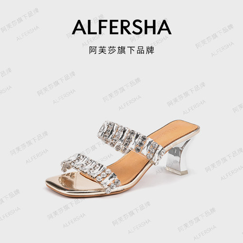 阿芙莎水钻方跟露趾时尚凉鞋女