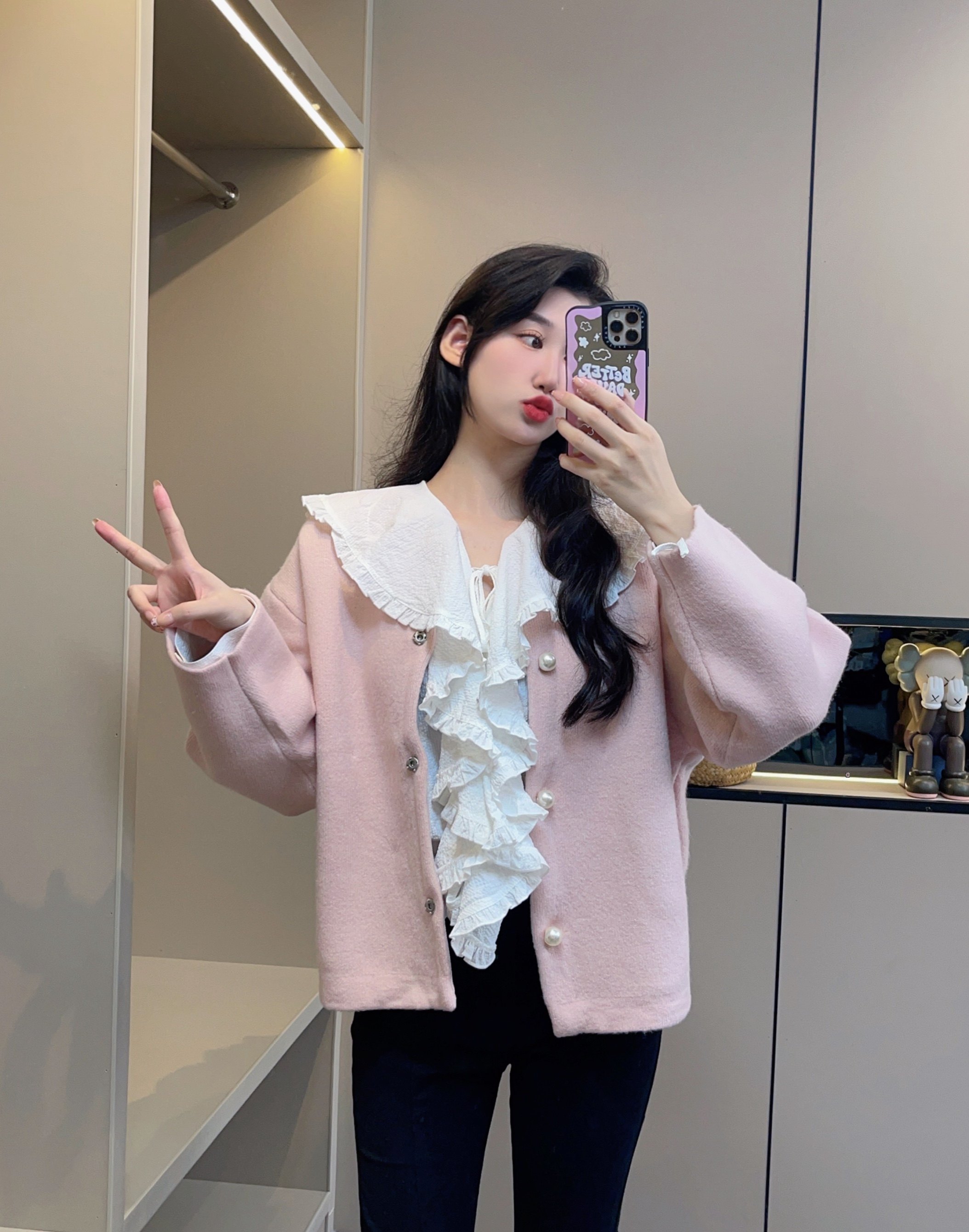 seven77家早秋三千金含特种动物毛 加厚廓形珍珠扣圆领毛衣外套