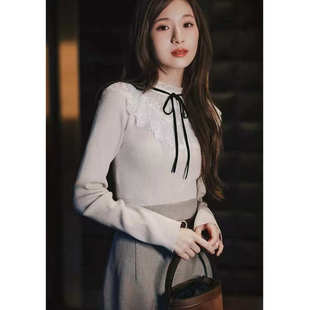 哚琦琦 日系款蕾丝领甜美风清楚系 蝴蝶结打底针织长袖毛衣