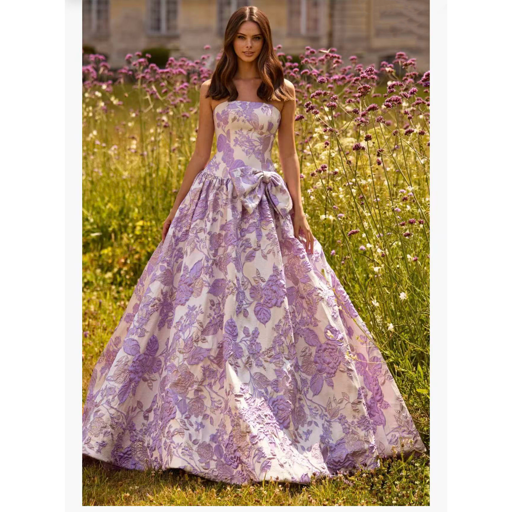 重工艺提花抹胸大摆裙花朵性感礼服长裙时尚走秀艺考钢琴演奏