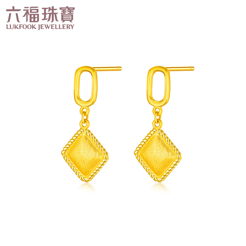 六福珠宝菱方黄金耳钉耳环女款拉丝足金耳饰耳坠计价HXGTBE0020