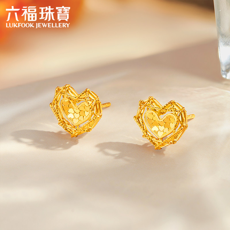 六福珠宝爱心黄金耳钉耳环新款足金耳饰送女友礼物计价GJGTBE0011