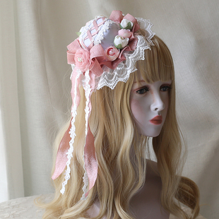 新款洛丽塔少女发饰小礼帽古风绢纱花朵汉服发饰汉洋折衷头饰loli